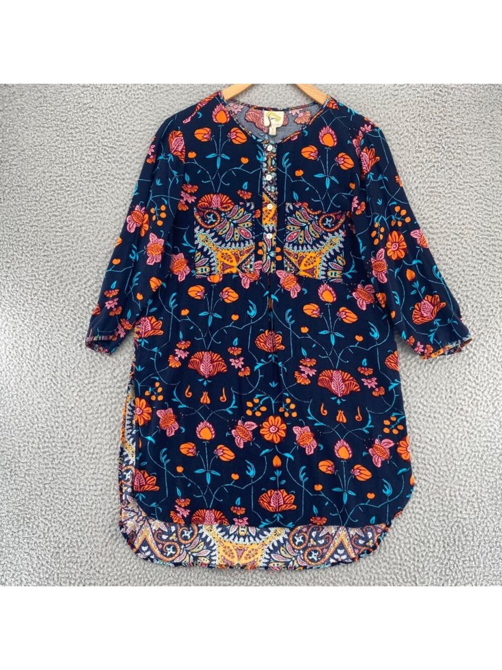 Figueroa & Flower Top Womens Small Navy Coral Floral 3/4 Sleeve Tunic 1/4 Button